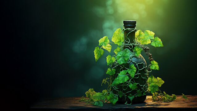 Plant in a bottle on black background (Generative AI)