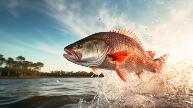 Redfish jumping out of river water. AI generative.