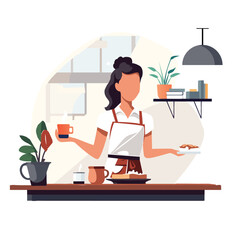 young woman working at a cafe 2D flat vector illustration