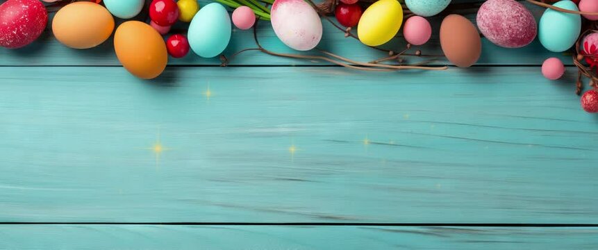 Colorful easter eggs on smooth background with copy space. Anamorphic video