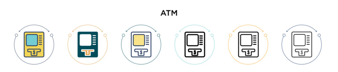 Atm icon in filled, thin line, outline and stroke style. Vector illustration of two colored and black atm vector icons designs can be used for mobile, ui, web
