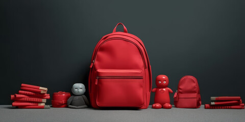 A red school bag with several red toys and items beside it. Back to school, advertising and marketing.