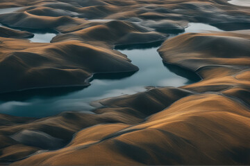 Art landscape terrain without biodiversity and plants, hilly terrain with water bodies