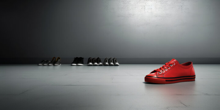 Diversity Equity & inclusion, bullying and harassment concept. A shoe of a different colour in the foreground who is isolated from the rest of the group in the background. DEI. Or its just a shoe...