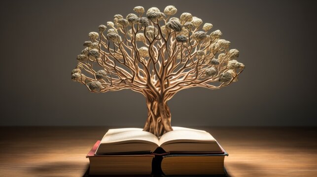 Concept art of a human brain exploding with knowledge and creativity from inside book. Brain tree. Generative AI