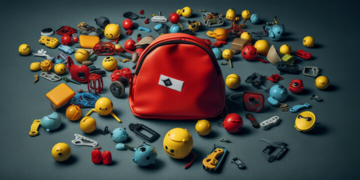A bag surrounded by various toys, items and junk. Busy photograph with lots of colours. Disorganised and chaotic. A mess.