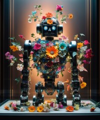 a robot made of glass and plastic flowers