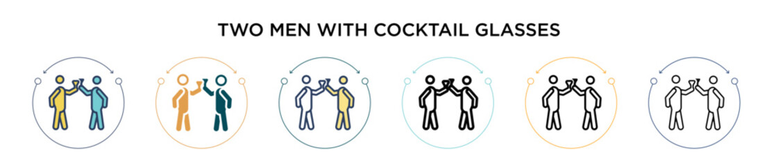 Two men with cocktail glasses icon in filled, thin line, outline and stroke style. Vector illustration of two colored and black two men with cocktail glasses vector icons designs can be used for
