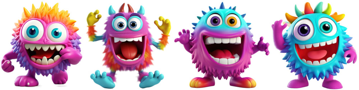 Colorful sneaky and cute monster with quills dancing and waving 3D render character cartoon style Isolated on transparent background