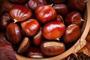 Obraz premium Ripe chestnuts close up. Raw Chestnuts for Christmas