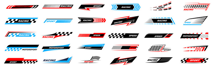 Sports stripes, car stickers black color. Racing decals for tuning set. Vector illustration. - obrazy, fototapety, plakaty