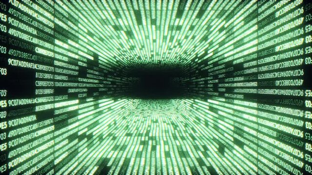 Computing data tunnel journey, animation of numbers on sides of tunnel, transmission of digital information, 4K tech animated background