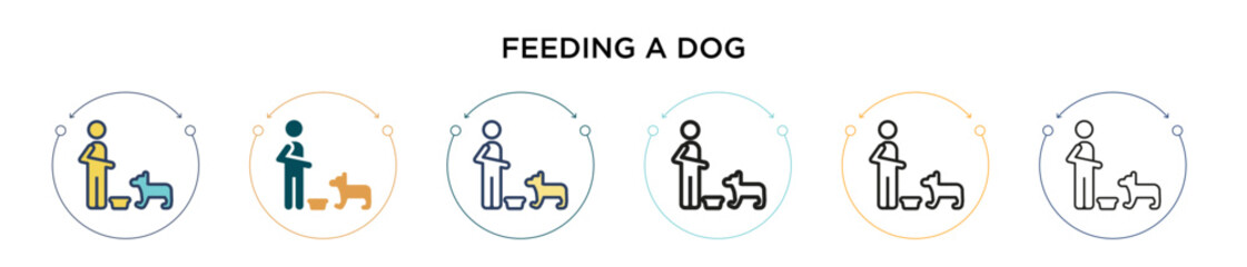 Feeding a dog icon in filled, thin line, outline and stroke style. Vector illustration of two colored and black feeding a dog vector icons designs can be used for mobile, ui, web