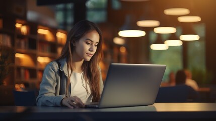young woman student working on laptop and study in library, Generative AI