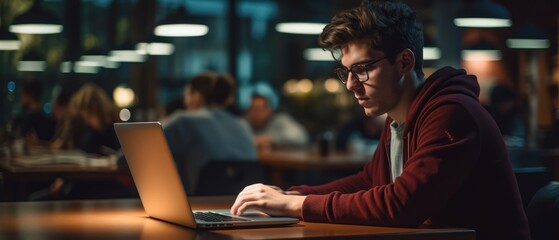 young man student working on laptop and study in library, Generative AI