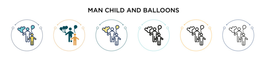 Man child and balloons icon in filled, thin line, outline and stroke style. Vector illustration of two colored and black man child and balloons vector icons designs can be used for mobile, ui, web