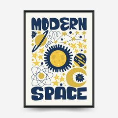 Abstract space and cosmos posters template. Modern trendy Matisse minimal style. Astronomy and Stellar decor. Hand drawn design for wallpaper, wall decor, print, postcard, cover, template, banner