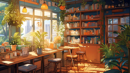 Happy Colorful book shop and cafe good vibe, Lofi anime style cute relaxing vibe