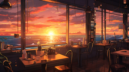 a view from restaurant inside with sunset view over ocean in the evening Colorful Lofi anime style cute relaxing happy vibe