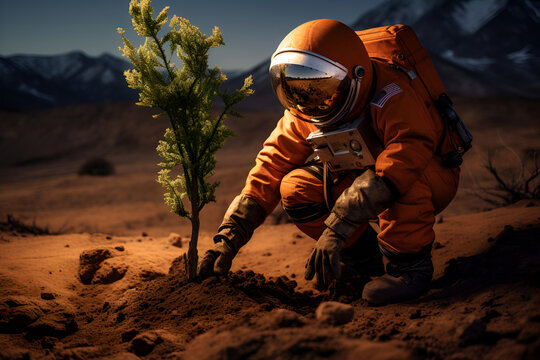 Astronaut Planting Trees on Mars Planet