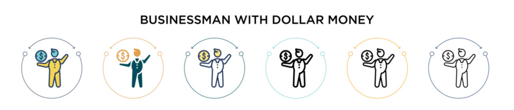 Businessman with dollar money sign icon in filled, thin line, outline and stroke style. Vector illustration of two colored and black businessman with dollar money sign vector icons designs can be used