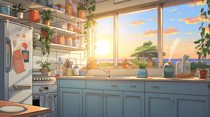 a beautiful clean kitchen in the morning with sun light Colorful Lofi anime style cute relaxing happy vibe background