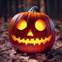 Halloween pumpkin, Jack O´Lantern, friendly smiling pumpkin face, AI