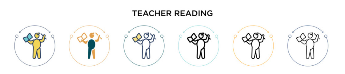 Teacher reading icon in filled, thin line, outline and stroke style. Vector illustration of two colored and black teacher reading vector icons designs can be used for mobile, ui, web