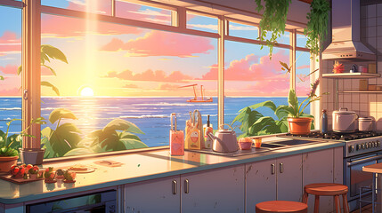 view of the ocean with sunrise from a window kitchen Colorful Lofi anime style cute relaxing happy vibe