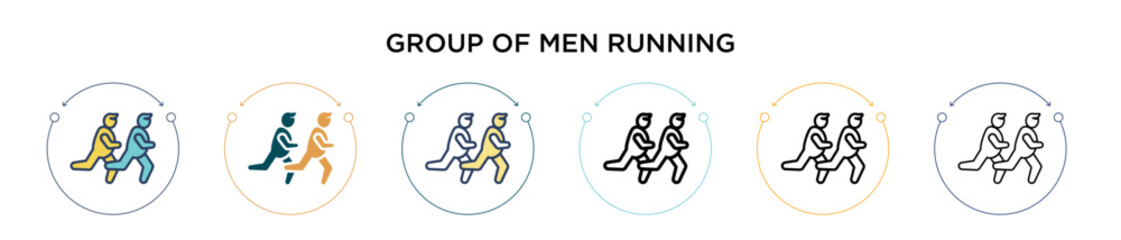 Group of men running icon in filled, thin line, outline and stroke style. Vector illustration of two colored and black group of men running vector icons designs can be used for mobile, ui, web