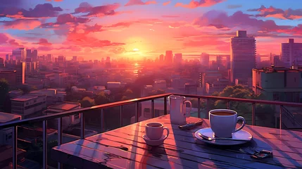 Selbstklebende Fototapeten coffee on the table at the corner of the balcony Colorful Lofi anime style cute relaxing happy vibe © M