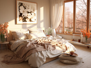 Fototapeta premium Bright modern Bohemian bedroom. Created with Generative AI technology