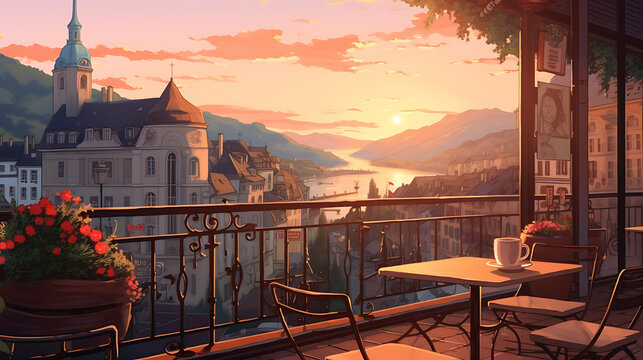 Sunset over the castle mountain and lake view from the room with a balcony Colorful Lofi anime style cute relaxing happy vibe