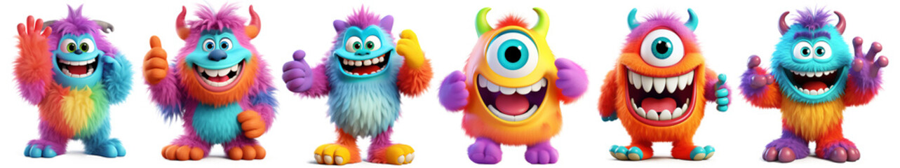 Colorful furry and cute monster dancing and waving 3D render character cartoon style Isolated on transparent background - obrazy, fototapety, plakaty
