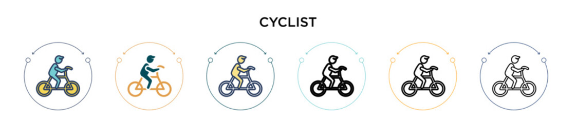 Cyclist icon in filled, thin line, outline and stroke style. Vector illustration of two colored and black cyclist vector icons designs can be used for mobile, ui, web