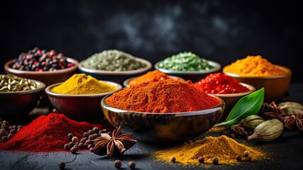 Traditional spices in vibrant colors. Delicious food photo. Intricate details.
