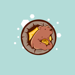 Honey bear logo in tree hole enjoying beehive