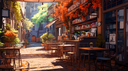 Fototapeta na wymiar outdoor restaurant and cafe on a city street with autumn leaves Colorful Lofi anime style cute relaxing happy vibe