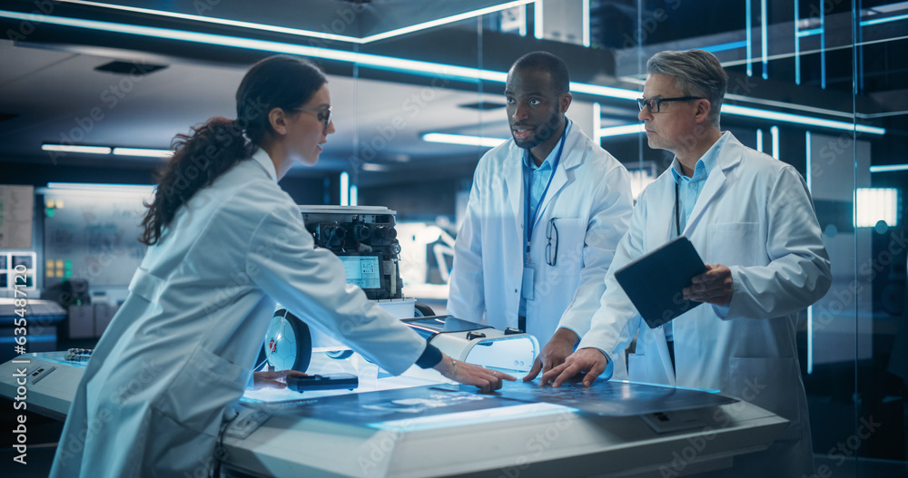 Poster Portrait of a Team of Industrial Engineers Working on a Mobility Robot at a Startup Factory. Multiethnic Male and Female Scientists Discussing an Automated AI Robotic Delivery Machine in a Laboratory