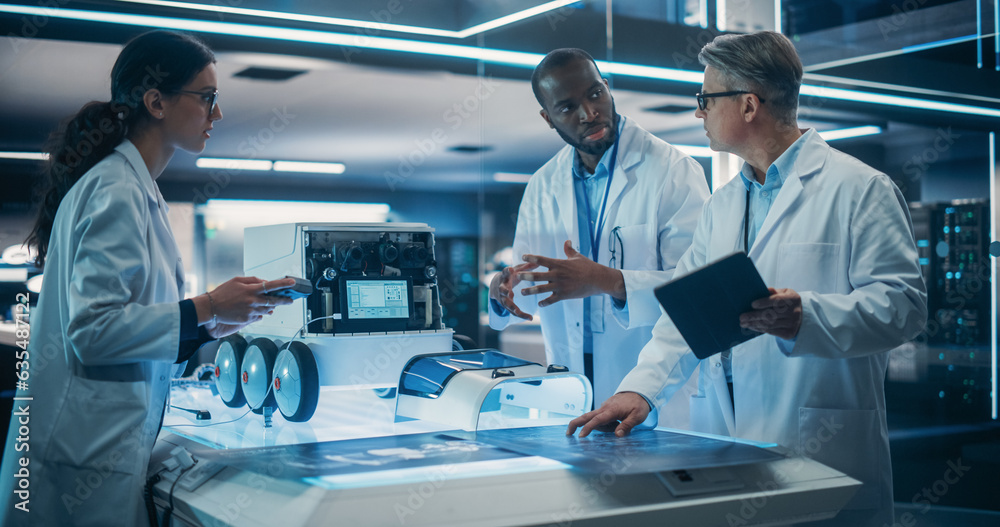 Poster Portrait of a Diverse Team of Industrial Robotics Specialists Working on a Mobile Robot. Engineers In Lab Coats Discussing an Automated Robotic Delivery Assistant with Artificial Intelligence