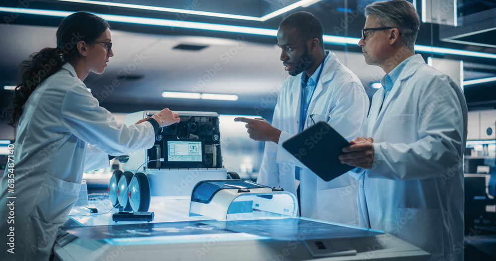Poster Industrial Robotics Specialists Working on a Mobile Robot, Using a Tablet Computer. Black African Engineer In Lab Coat Discussing an Automated AI Robotic Delivery Assistant with His Creative Team