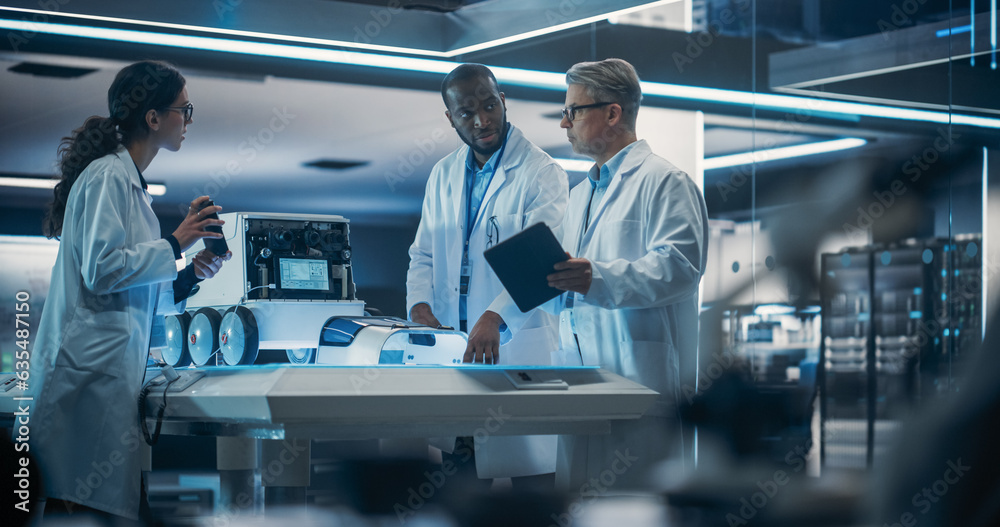 Poster Diverse Team of Industrial Robotics Specialists Gathered Around a Table With a Mobile Robot. Engineers In Lab Coats Discussing Automated Robotic Delivery Assistant with Artificial Intelligence
