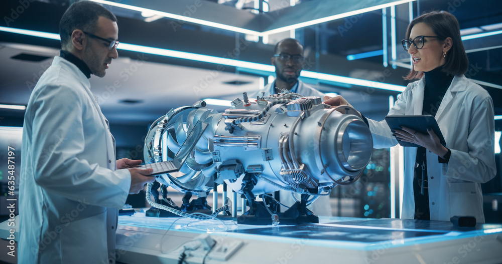 Aufkleber Smart Team of Engineers, Tech Scientist and Machinery Operators Collaborate on a New Type of a Electric Turbine Engine, Using Computers and Measuring Tools in Scientific Technology Lab