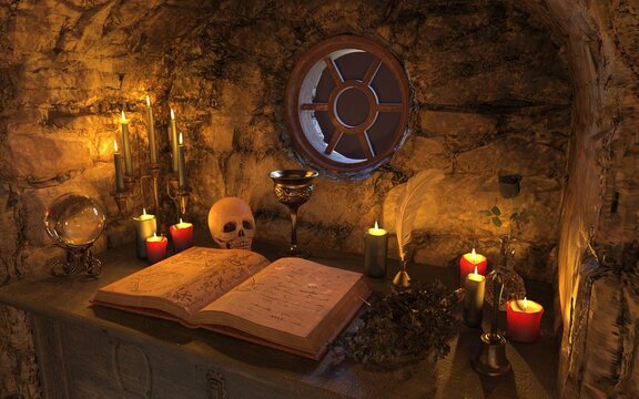 Wooden Table with items for witchcraft. Magic ball, spell book, candles, skull and herbs. Photorealistic 3D illustration in the style of films about black magic.