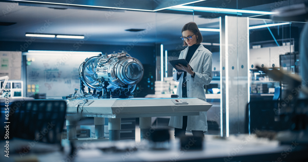 Poster industrial engineer working on a futuristic jet engine, standing with tablet computer in scientific 