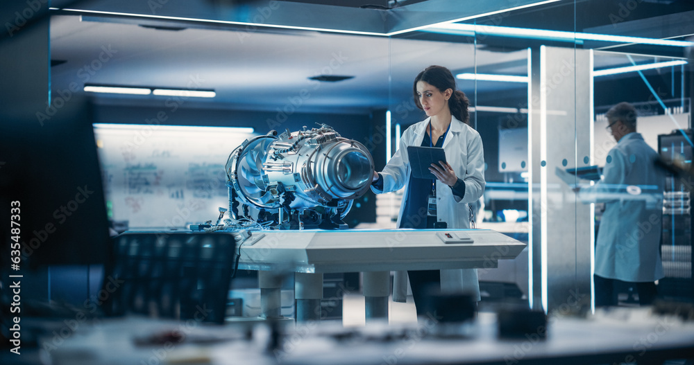 Aufkleber beautiful female industrial turbine specialist standing at a table with an innovative invention. eng