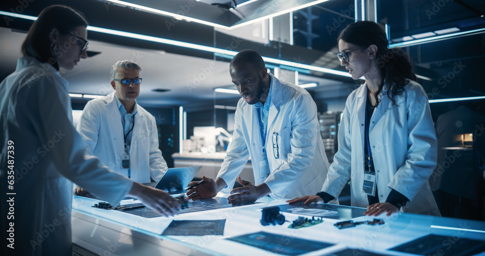 Poster Diverse Team of Industrial Robotics Specialists Working on Innovative Prosthetic Hands in a Research Facility. Young Engineers Discussing the Prototype, Testing Electronic Components