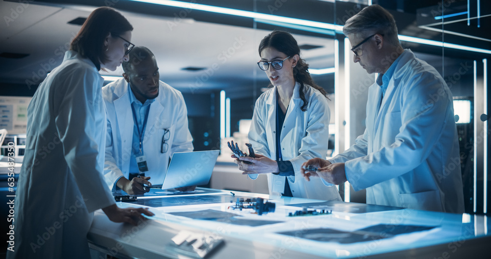 Poster Team of Tech Scientists Having a Group Meeting in a Research and Development Facility at a Robot Manufacturing Factory. Engineers Examining an Innovative Robotic Bionic Hand Concept