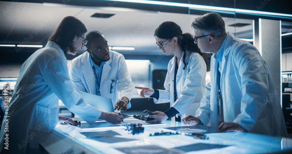 Poster Portrait of a Group of Industrial Robotics Engineers Working on a Humanoid Robot, Consulting with Specialists and Analyzing Electronic Components. Female Scientist Having a Meeting with Her Team