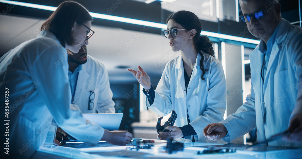 Poster Portrait of a Group of Industrial Robotics Engineers Working on Humanoid Robot, Consulting with Specialists and Analyzing Electronic Components. Female Scientist Having a Meeting with Her Team.